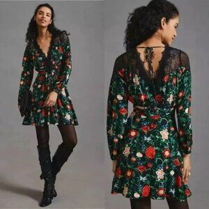 Anthropologie Lacy V-Neck Black Floral Mini Dress Long Sleeve Size 16 NEW